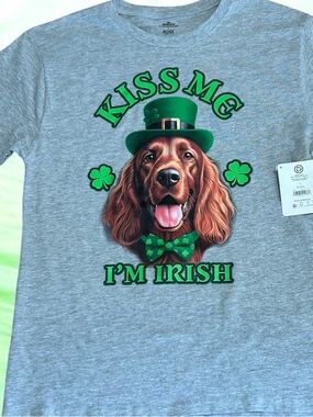 Kiss Me I'm Irish-Irish Setter Tee - Green on Heather Gray Small NWT